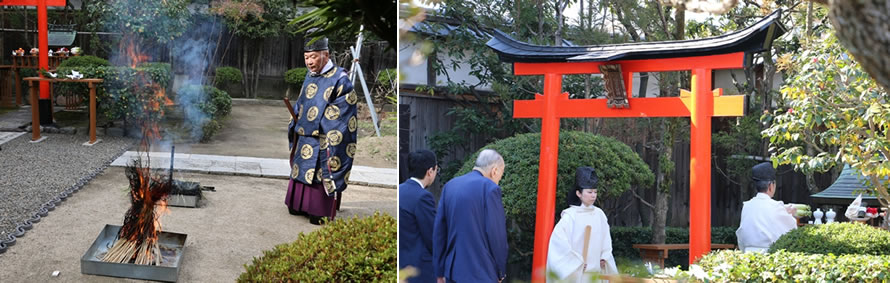 月桂冠内蔵酒造場の稲荷社での「お火焚祭」（左）と「二の午祭」（右）